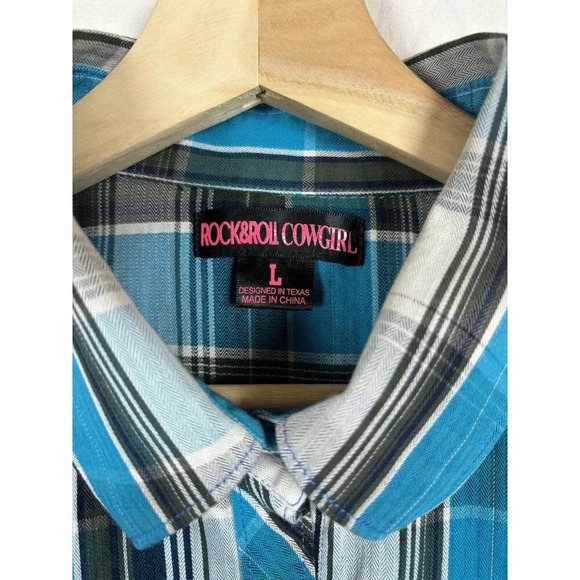 Rock & Roll Cowgirl Women's Size L Button Down Blue Black Pearl Snaps Western - Picture 9 of 13